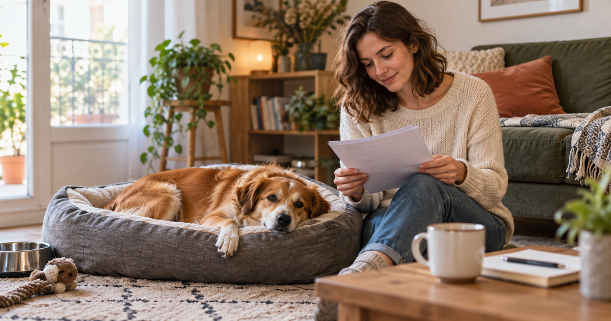 Chien calme dans son salon avec une gardienne assise à proximité lors d’une garde à domicile